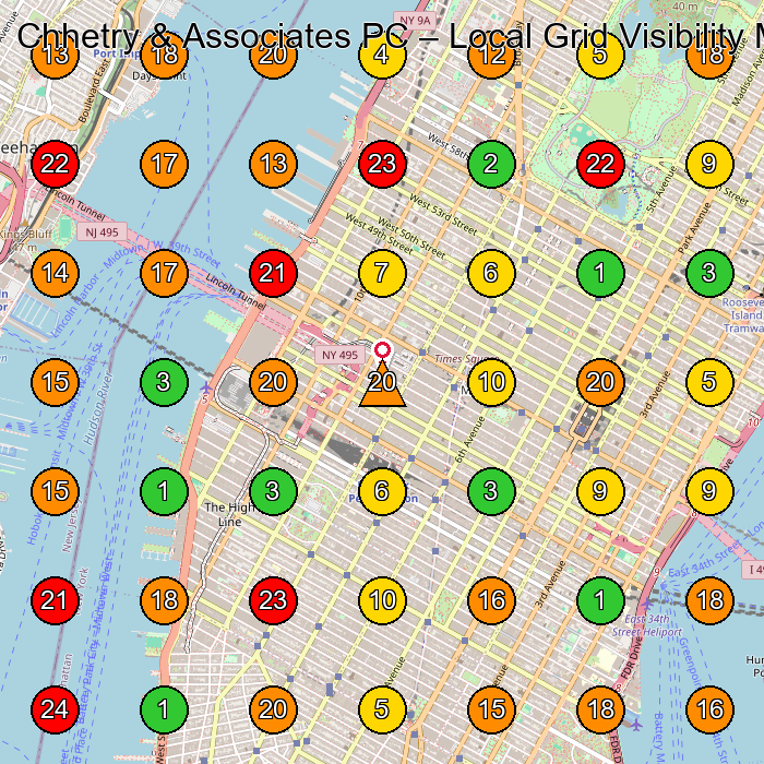 Chhetry & Associates PC Legal Services GeoGrid ranking map for New York NY